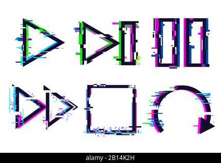 Glitch Music Icons. Glitched Play Pause STOP-Symbol, tv-Signalglitzern und digitale Rauschverzerrungs-Effekt-Vektorgrafiken eingestellt Stock Vektor