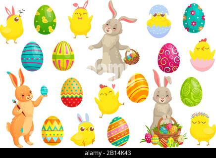 Osterbüscheneier. Niedliches Kaninchen, Federkochteller und buntes Eiervektor-Illustrationsset Stock Vektor
