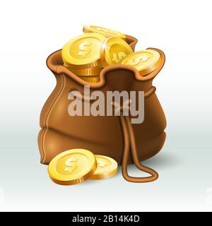 Tasche mit goldenen Münzen. Goldmünze in altem Antiksack, spart Geldbörse und Gold Wealth 3D realistische Vektorgrafiken Stock Vektor