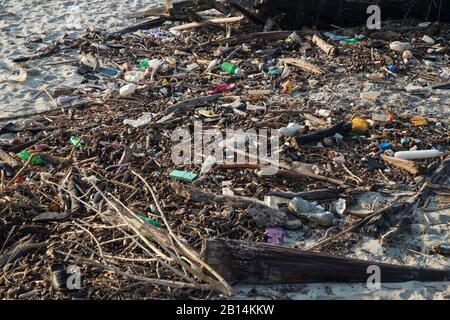 Massive Kunststoffverschmutzung im Inneren der Sundarbans, dem größten Mangrovenwald der Welt. Bangladesch Stockfoto