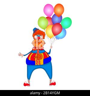 Clown mit bunten Ballons isoliert auf weißem Hintergrund. Tag der roten Nase. Zirkusclown Cartoon-Charakter. April schäumt Tag mit Jester. Bestandsvektor Stock Vektor