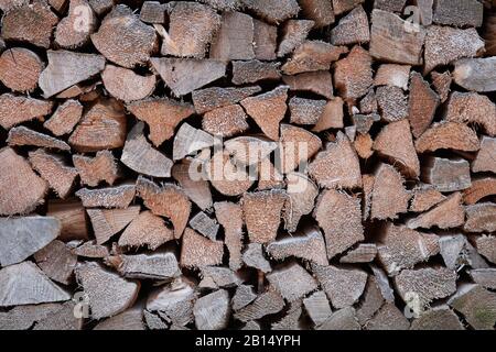 Details der Holzstämme aus einem Holzstapelhintergrund mit unterschiedlicher Feuchtigkeit, die Farben von Holz von grau bis warmbraun zeigt Stockfoto