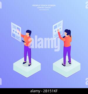 Woman Touchscreen greifen mit modernen Zukunftskonzeptvektoren auf Datendiagramme zu Stockfoto