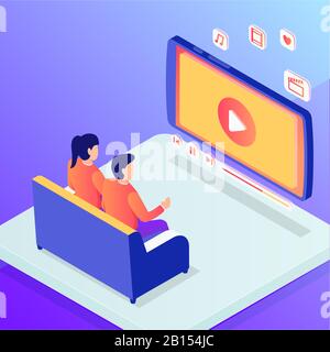 Ein Paar Männer und Frauen, die sich Online-Vektor für Unterhaltungsfilme ansehen Stockfoto