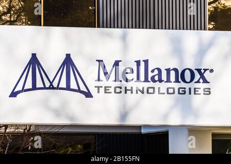 Februar 2020 Santa Clara/CA/USA - Mellanox Technologies Logo in den Büros im Silicon Valley; Mellanox Technologies Ltd ist ein israelisch-amerikanisches Multi Stockfoto