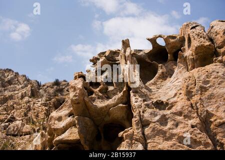 Verwitterte tafoni-felsen, in der Nähe von Calvi, Insel Korsika, Frankreich Stockfoto