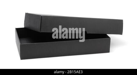 Öffnen Sie die schwarze Box, die auf weißem Hintergrund isoliert ist Stockfoto