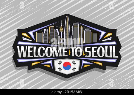 Vektorlogo für Seoul, schwarze dekorative Zeichenplatte mit Liniendarstellung der modernen stadtlandschaft seoul am Abendhimmel, Design Kühlschrankmagnet w Stock Vektor