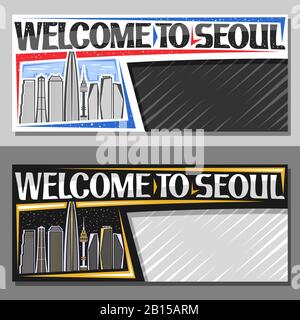 Vektorlayouts für Seoul mit Kopienfläche, Gutschein mit Liniendarstellung der zeitgenössischen stadtlandschaft von seoul über Himmelshintergrund, Kunstdesign Touristencoupon Stock Vektor