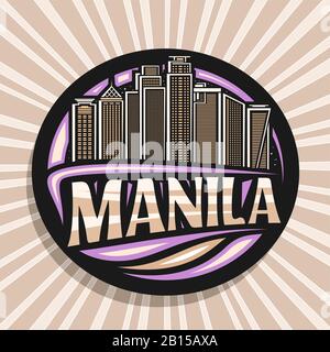 Vector Logo für Manila, schwarzer dekorativer Rundsticker mit Umrisse Illustration der modernen stadtlandschaft manilas auf dem Himmelshintergrund, Design Tourist f Stock Vektor