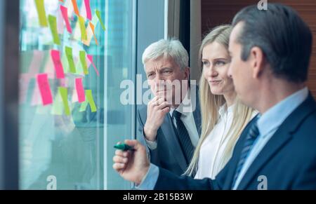 Brainstorming-Ideen für Geschäftsleute. Unternehmer, die im Rahmen eines ständigen Treffens das Konzept der Ideenstrategie zur Planung von Problemlösungen diskutieren Stockfoto