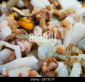 Meeresfrüchte Mischen. Tintenfisch, Garnelen, Muscheln und Tintenfisch. Stockfoto