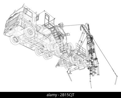 Maschine der LKW-Einheit für gewickelte Schläuche. Die Ebenen der sichtbaren und unsichtbaren Linien werden getrennt. EPS10-Format. Drahtrahmen. Stock Vektor
