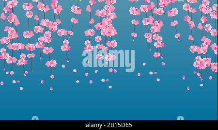 Sakura. Kirschzweige mit zarten rosafarbenen Blumen und Knospen. Die Kronblätter fallen im Morgengrauen. Vektorgrafiken Stock Vektor