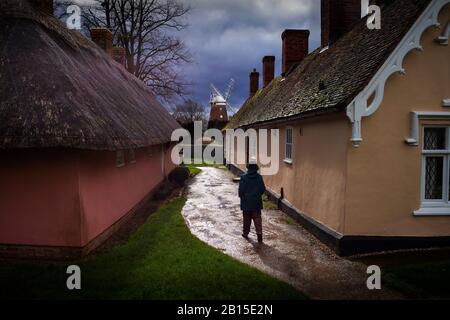 Thaxted Essex UK Alms Houses und John Webbs Windmill nach dem Sturm. Februar 2020 Stockfoto