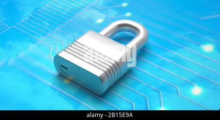 Cyber Security, Antivirus, Datenschutzkonzept. Vorhängeschloss auf blauem Cyber Space Tech-Hintergrund. 3D-Abbildung Stockfoto