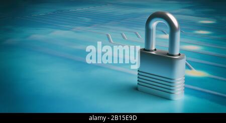 Cyber Security, Antivirus, Datenschutzkonzept. Vorhängeschloss auf blauem Cyber Space Tech-Hintergrund. 3D-Abbildung Stockfoto