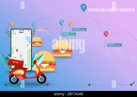 Konzept des Lebensmittelzustelldienstes, Roller befindet sich auf der Vorderseite des Smartphones, das Karten und GPS enthält. Hamburger sind zusammen mit MAP im Hintergrund. Stock Vektor