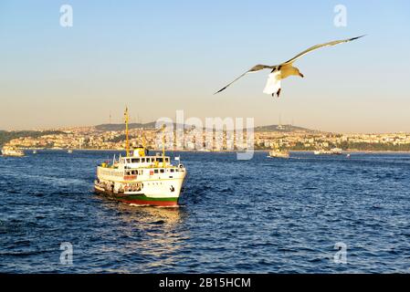 Auf dem Hintergrund des asiatischen Teils von Istanbul, Türkei, schwimmt das Touristenboot am Bosporus entlang Stockfoto
