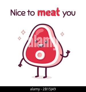Süßes Cartoon-Stück Fleisch mit Text Nice To Meat You. Lustige Illustration von Speise, einfacher Steak-Charakter von Kawaii. Isolierter Vektorclip Art Drawi Stock Vektor