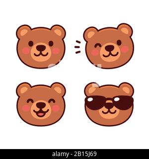 Niedliches Cartoon-Bärenset, Maskottchen-Symbol, Emoji-Stickerdesign. Fröhlicher Teddybär lächelnd, winkend, Sonnenbrille tragend. Einfache Vektorgrafiken. Stock Vektor