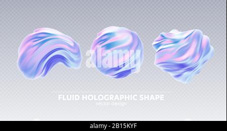 Set aus Trendigen, realistischen Mustern mit holografischer 3D-Form auf blauem Hintergrund für Bannerdesign. Hintergrund der Flüssigkeitsform. Regenbogenhintergrund. Flüssigkeit Stock Vektor