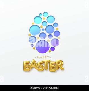 Grußkarte mit 3D-realistischen goldenen Schriftzügen Happy Easter und Paper Cut Easter Egg. Vektorgrafiken Stock Vektor