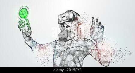 VR Online-Shopping. Polygonalfrau, Mädchen mit Virtual Reality Brille. VR-Headset, holografisch, flacher Drahtmodell Stock Vektor