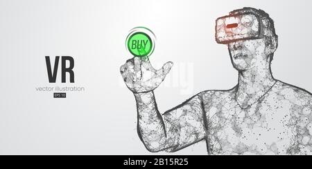 VR Online-Shopping. Polygonalmann mit Brille der virtuellen Realität. VR-Headset, holografisch, niedrig poly, Drahtmodellvektor Stock Vektor
