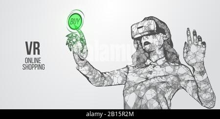 VR Online-Shopping. Polygonalfrau, Mädchen mit Virtual Reality Brille. VR-Headset, holografisch, flacher Drahtmodell Stock Vektor