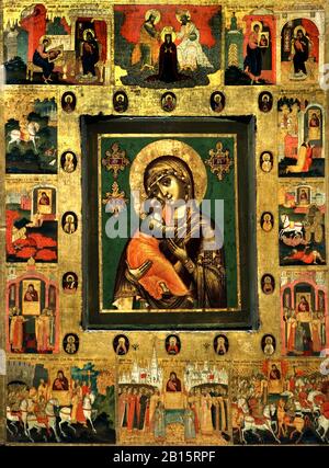 Ikone, die Mutter gottes von Wladimir, mit Ausgewählten Heiligen und Grenzszenen, Die Wunder darstellen.Russland, Russland, Russland, Föderation, Stockfoto