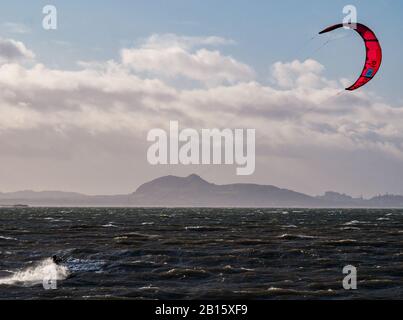 Firth of Forth, East Lothian, Schottland, Großbritannien, 23. Februar 2020. Großbritannien Wetter: Sehr starker Wind an der Küste mit Sonnenschein. Der Wind erzeugt weiße Kappen im Meer und große Wellen gegen das Ufer. Kitesurfer nutzen die windigen Bedingungen bei Longniddry Bents optimal, mit der Umrandung von Edinburgh und Arthur's Seat in der Ferne Stockfoto