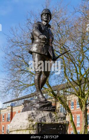 Warrington, Großbritannien. Februar 2020. Die Bronzebildstatue im Queen's Garden, Palmyra Square, Warrington Town Center ist von Lt Colonel W McCarthy O'Leary vom South Lancashire Regiment. Die Belagerung von Ladysmith, wo die Boers und die Tugela Heights eingenommen werden mussten. Es war Pieter's Hill in den Tugela Heights, als Lt Col McCarthy O'Leary die Charge Credit leitete: John Hopkins/Alamy Live News Stockfoto