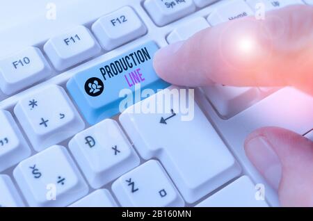 Konzeptionelles Handschreiben mit Produktionslinie. Konzept bedeutet einen Satz sequenzieller Vorgänge, die in einer Fabrik eingerichtet wurden Stockfoto
