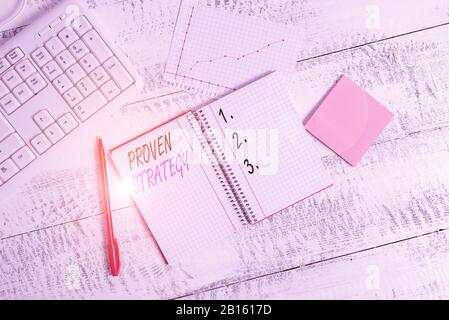 Schreiben Sie einen Hinweis mit Einer Bewährten Strategie. Geschäftskonzept für Bestätigten Ansatz oder Praktiken bei der Generierung von Verkäufen oder Leads Wood Desk Office Appliance com Stockfoto