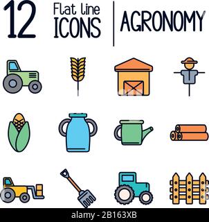 12-zeilige Füllung Stil Symbol Set Design, Agronomie Farm Lifestyle Landwirtschaft Ernte ländlichen Landwirtschaft und Land Thema Vector Illustration Stock Vektor