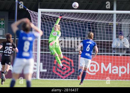 Solihull, West Midlands, Großbritannien. Februar 2020. Bristol City Frauen 1 - 0 BCFC Frauen. Hannah Hampton von Birmingham City rettet aus Bristol City einen Schuss ins Tor. Kredit: Peter Lopeman/Alamy Live News Stockfoto