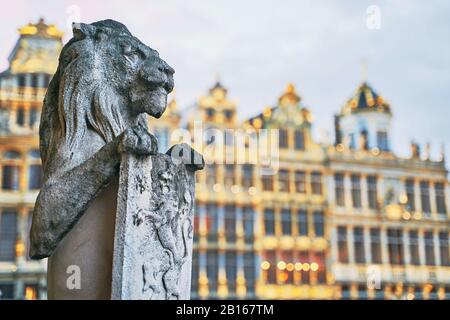 Löwenstatue am Grand Place in Brüssel, Belgien in der Abenddämmerung Stockfoto