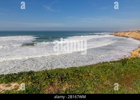 Meeresküste mit Gras, Bewegungswellen mit Schaum. Windkraft. Türkisfarbenes Wasser. Stockfoto