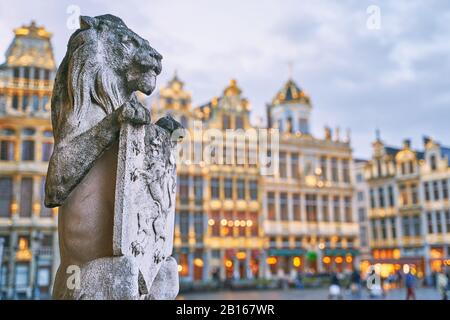 Löwenstatue am Grand Place in Brüssel, Belgien in der Abenddämmerung Stockfoto