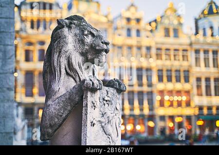 Löwenstatue am Grand Place in Brüssel, Belgien in der Abenddämmerung Stockfoto