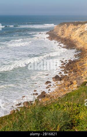 Meeresküste mit Gras, Bewegungswellen mit Schaum. Windkraft. Türkisfarbenes Wasser. Stockfoto