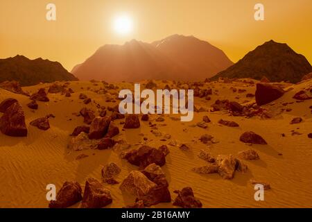 Eine steinige Wüste auf dem roten Planeten mars (3D-Rendering) Stockfoto
