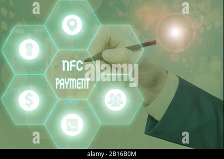 Schreiben Hinweis Übersicht NFC-Zahlung. Business Konzept für das kontaktlose Bezahlen, dass Nearfield Communication Technologie verwenden Stockfoto