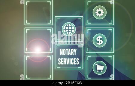 Konzeptionelles Handschreiben mit Notary Services. Konzept bedeutet Dienstleistungen, die von einem staatlich beauftragten Notar erbracht werden Stockfoto