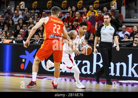 AJ. Slaughter (6) aus Polen und XAVIER RABASEDA (22) aus Spanien während der FIBA EUROKORB 2021 QUALIFIKATIONSSPIELE in Zaragoza (Spanien) 23/02/2020 (Foto: Alvaro SANCHEZ) Credit: Cordon PRESS/Alamy Live News Stockfoto