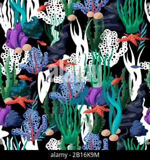 Nahtloses Muster mit unterseeischen Algen, Korallen und Seesterne. Vektor. Stock Vektor
