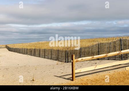 Schützende, speziell entwickelte Sanddünen, die 2019 in Lavallette, New Jersey USA, gebaut wurden. Solche Dünen sind erforderlich, nachdem Superstorm Sandy im Jahr 2012 getroffen hatte. Stockfoto