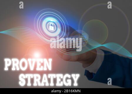 Schreiben Sie einen Hinweis mit Einer Bewährten Strategie. Geschäftskonzept für Bestätigten Ansatz oder Praktiken bei der Generierung von Verkäufen oder Leads Stockfoto