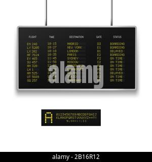 Realistische 3D-Digital-LED-Flughafenplatine mit Flugplan. Stock Vektor